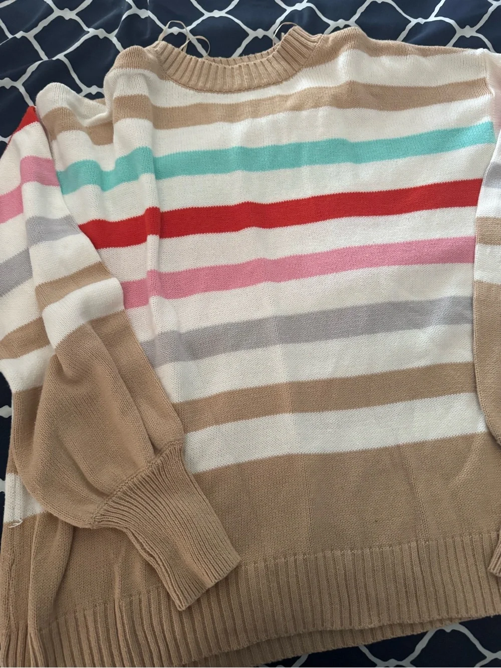 Crown & Ivy Striped Crewneck Sweater in Beige with Pink & Red Accents